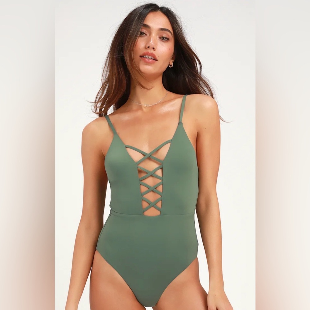 NEW Dippin' Daisy's Olive Green Lace Up One-Piece Swimsuit Large